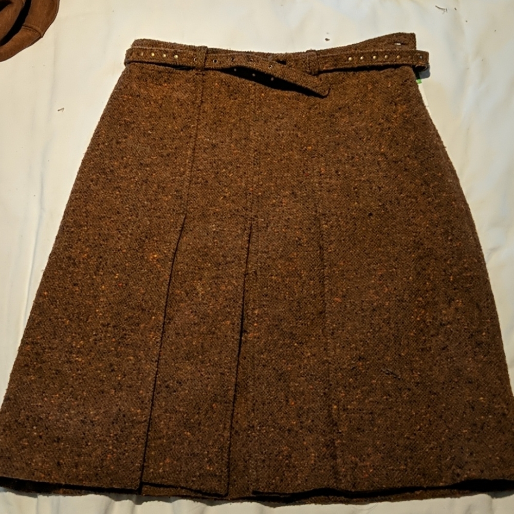 MaxMara Belted Wool Tweed Pleated Skirt